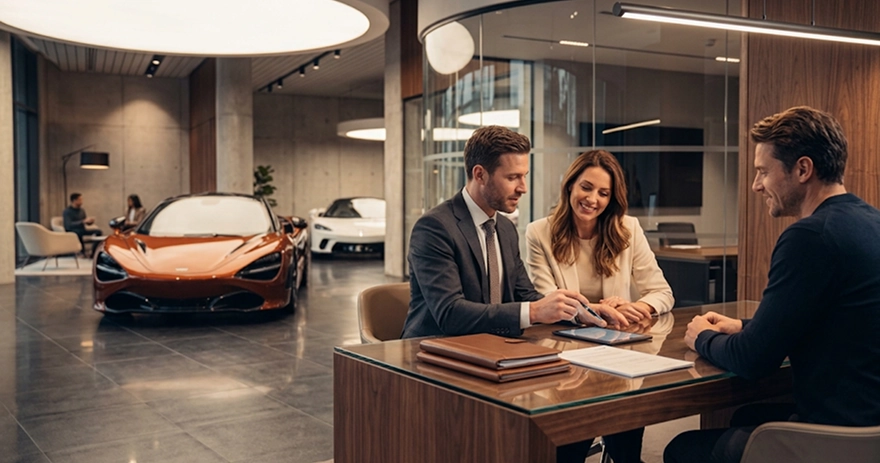 A salesperson and a couple reviewing paperwork at a desk in a showroom with an orange McLaren 720S behind them