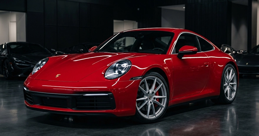 Red Porsche 911 Carrera lit from above inside a dark One Legacy Motors showroom