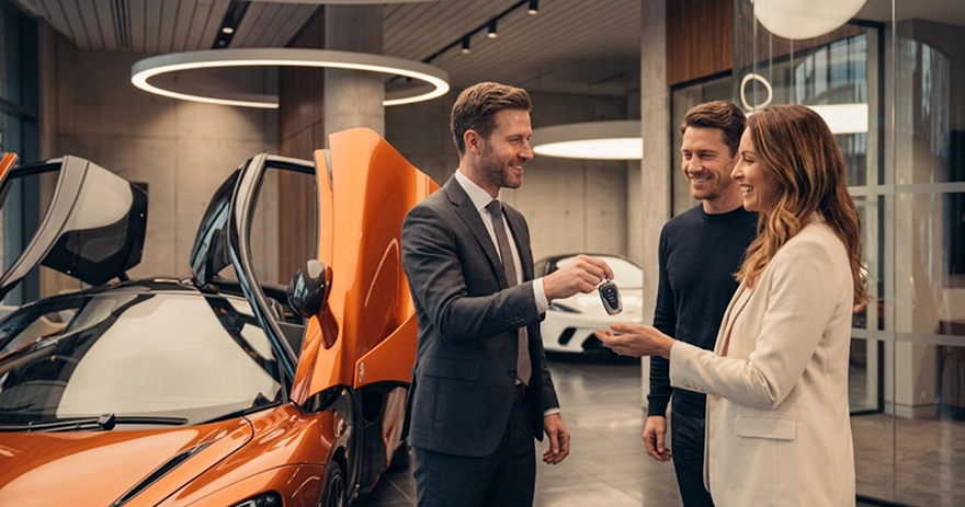 A salesperson handing keys to a smiling couple beside an orange McLaren with its dihedral door raised
