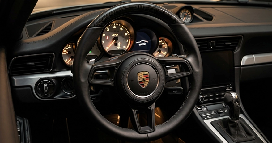 Porsche 911 GT3 cockpit with a leather steering wheel carrying the Porsche crest and a glowing analogue gauge cluster