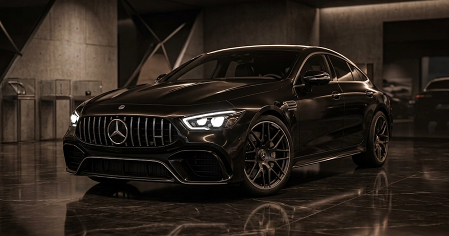 Black Mercedes-AMG GT four-door lit from above in a dark One Legacy Motors showroom
