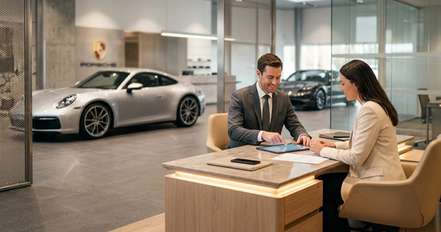 A salesperson and a customer reviewing paperwork at a desk in a glass-walled Porsche showroom