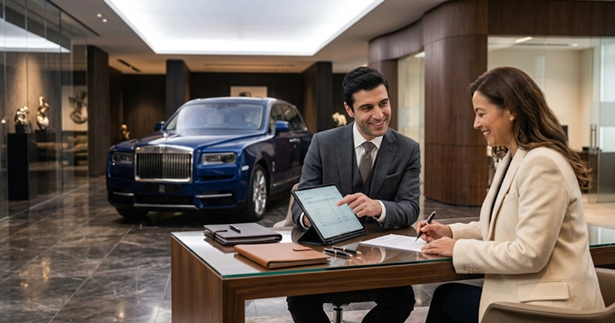 A salesperson and a customer reviewing paperwork at a desk beside a dark blue Rolls-Royce