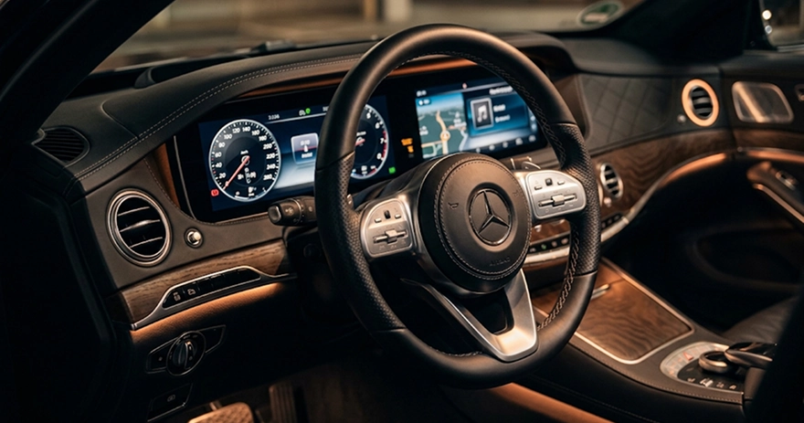 Mercedes-Benz cockpit with a wood-trimmed dashboard, digital gauge cluster and a leather steering wheel