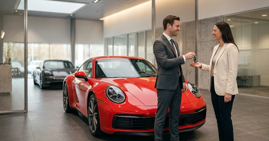 A salesperson handing keys to a smiling customer beside a red Porsche 911 in the showroom