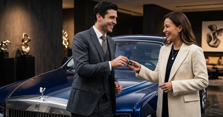A salesperson handing keys to a smiling customer beside a dark blue Rolls-Royce in the showroom