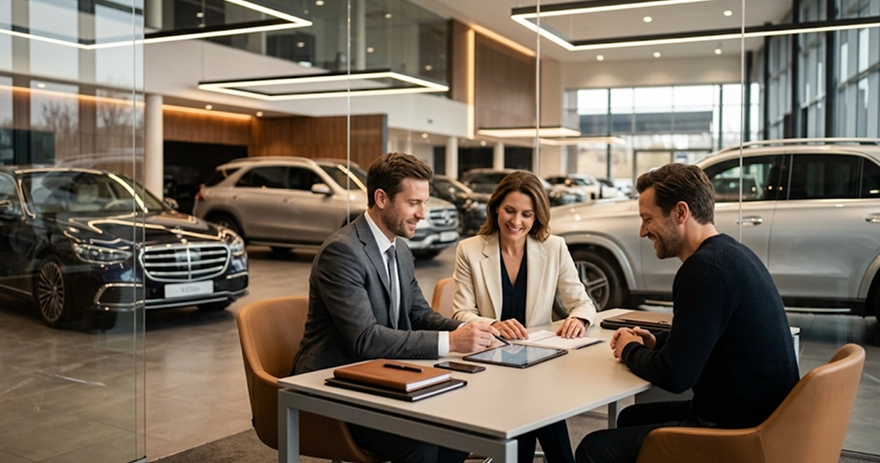 A salesperson and a customer reviewing paperwork at a desk in a glass-walled Mercedes-Benz showroom