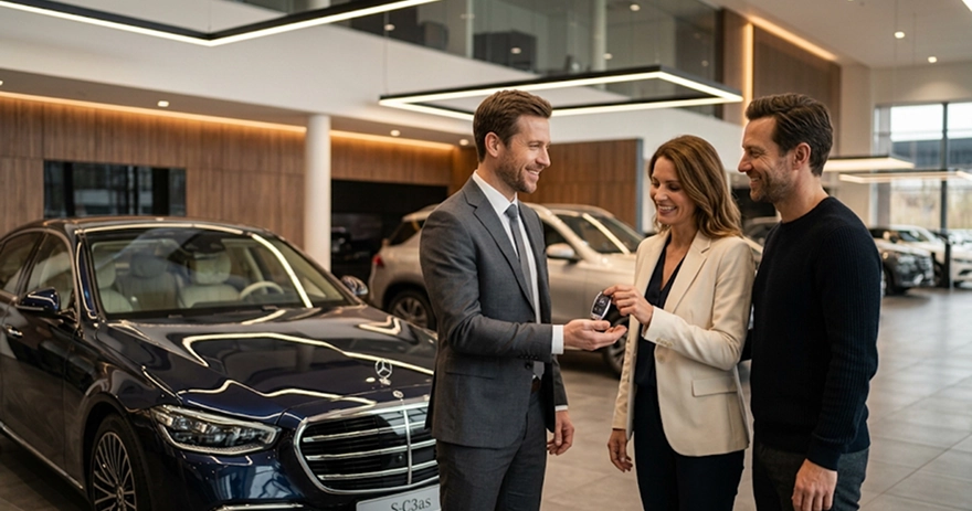 A salesperson handing keys to a smiling couple beside a dark blue Mercedes-Benz S-Class in the showroom