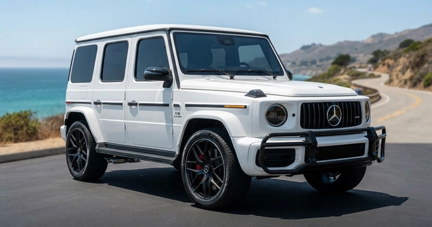 White Mercedes-AMG G 63 parked on a coastal road above the sea