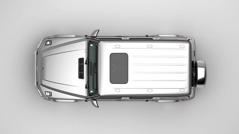 Overhead studio view of a silver Mercedes-Benz G-Class
