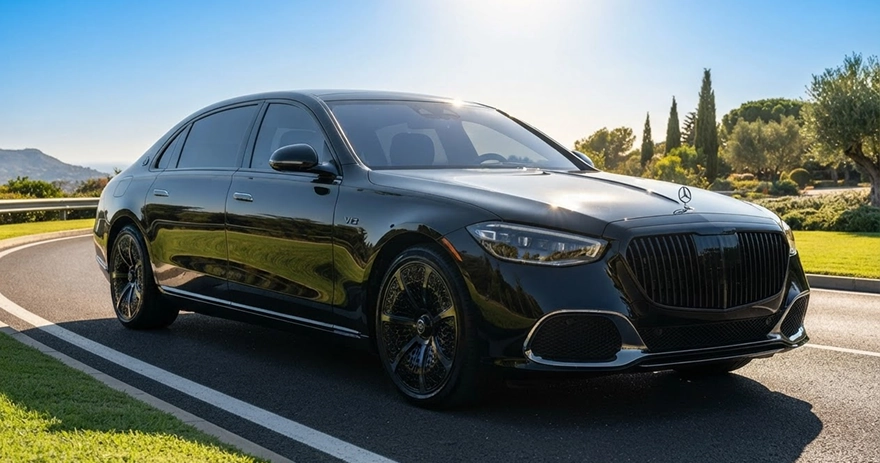 Black Mercedes-Maybach S-Class on a sunlit country road lined with cypress trees