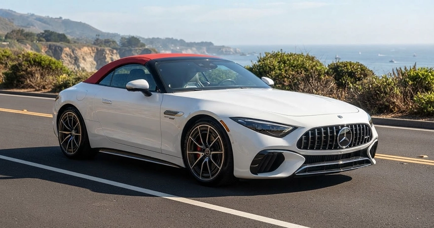 White Mercedes-AMG SL roadster with a red soft top, parked on a coastal highway