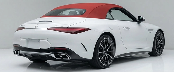 Rear view of a white Mercedes-AMG SL roadster showing its quad exhaust tips