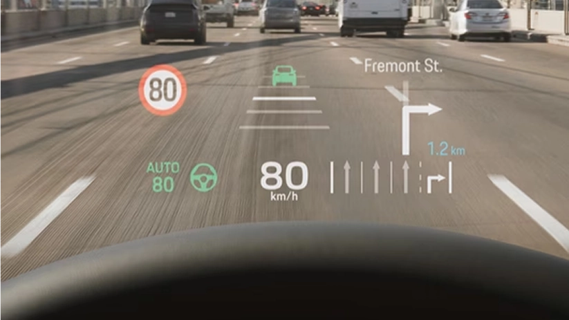 Head-up display projecting speed, lane and navigation guidance onto the road ahead