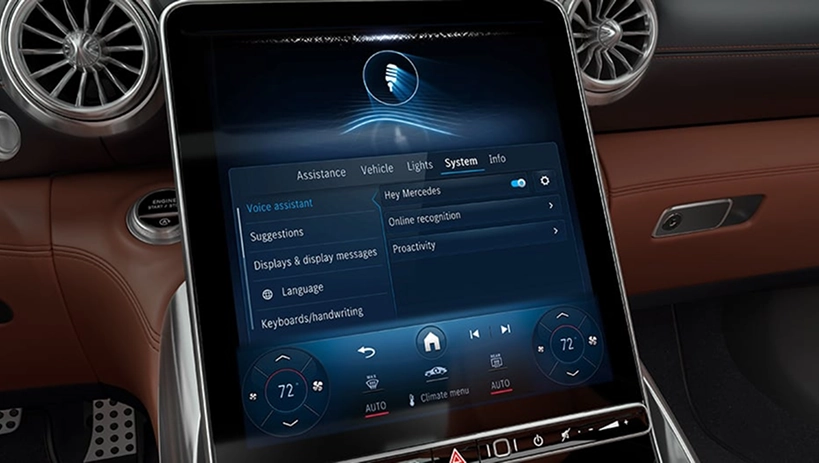 Mercedes-Benz portrait touchscreen showing the voice assistant settings with Hey Mercedes switched on
