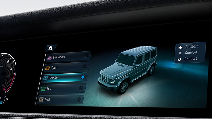Mercedes-Benz display showing the G-Class drive programme menu with Comfort selected