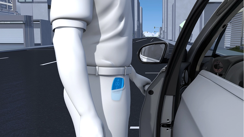 Animated figure walking up to a Mercedes-Benz and opening the door with a phone key