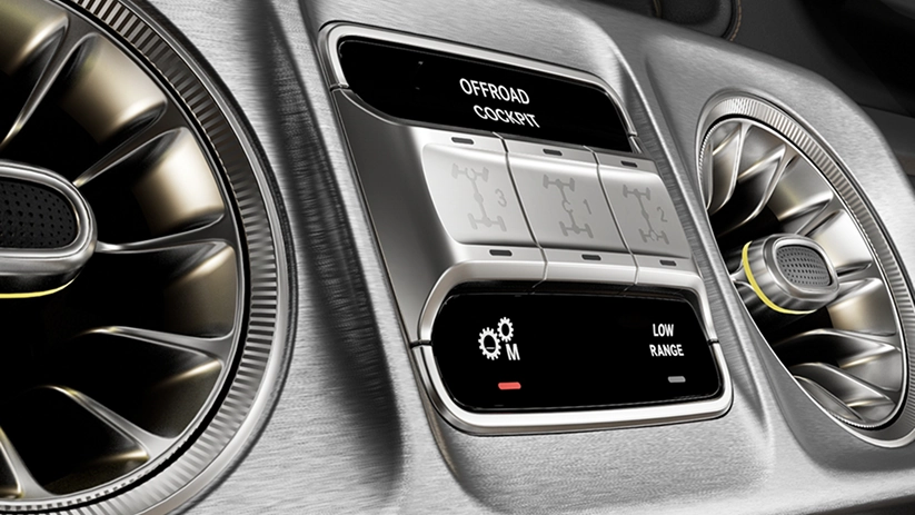 Mercedes-Benz G-Class centre console with the OFFROAD COCKPIT display and the three differential lock buttons
