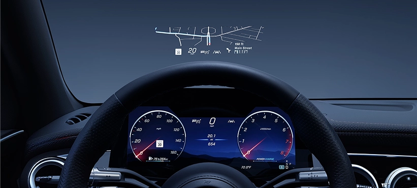 Mercedes-Benz augmented-reality head-up display projecting navigation arrows above the instrument cluster