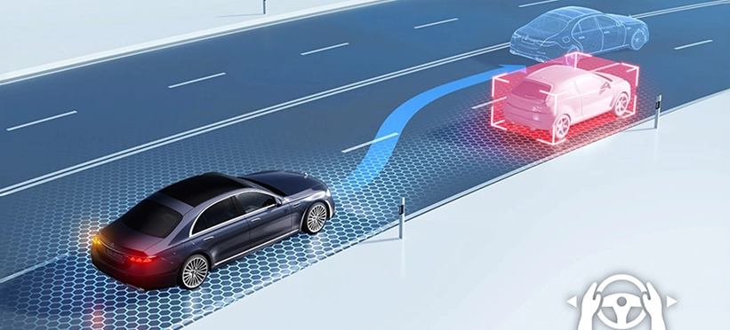 Illustration of a Mercedes-Benz sedan steering around a highlighted hazard on a modelled highway