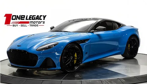 Blue 2022 Aston Martin DBS photographed on the One Legacy Motors turntable