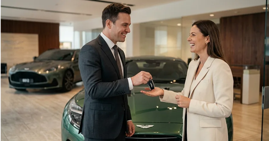A salesperson handing keys to a customer beside a green Aston Martin in the showroom