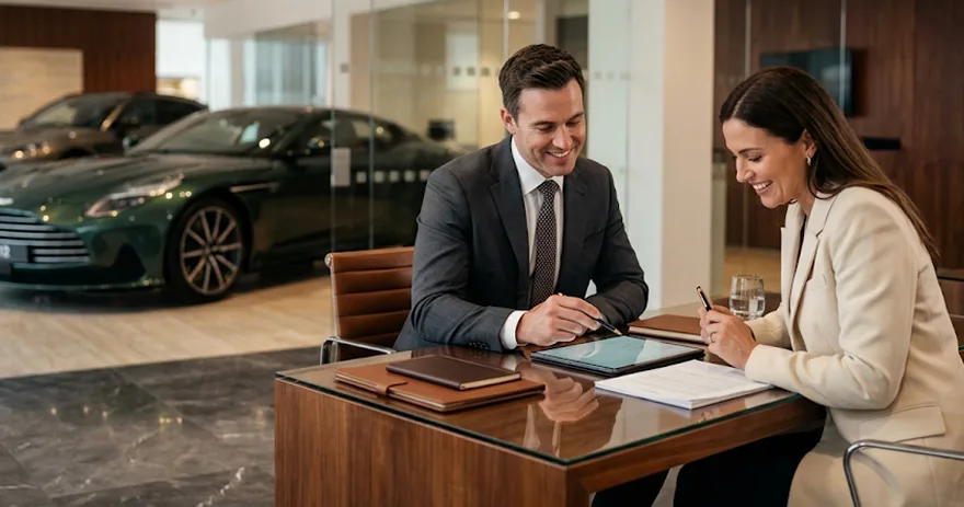 A salesperson going through paperwork with a customer at a desk beside a green Aston Martin