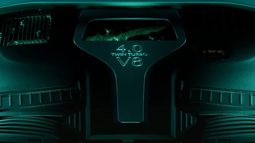 Render of an Aston Martin engine bay picked out in dark green outline