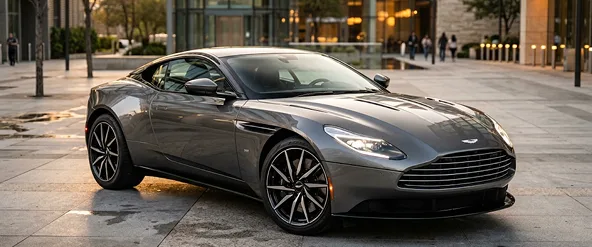 Grey Aston Martin DB11 parked on a city plaza at dusk
