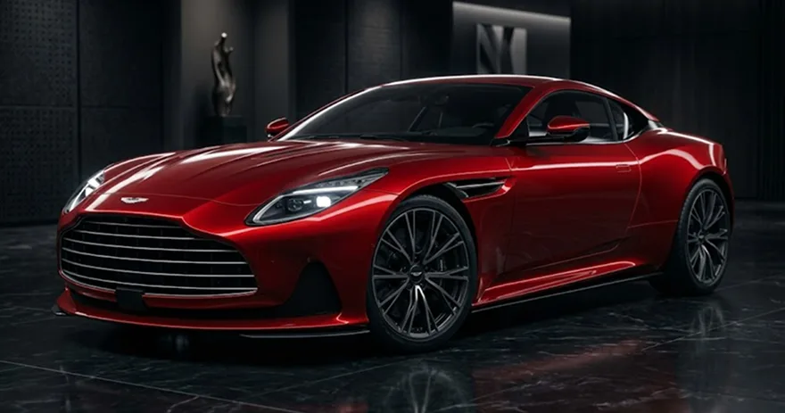 Red Aston Martin coupe lit from above inside a dark One Legacy Motors showroom