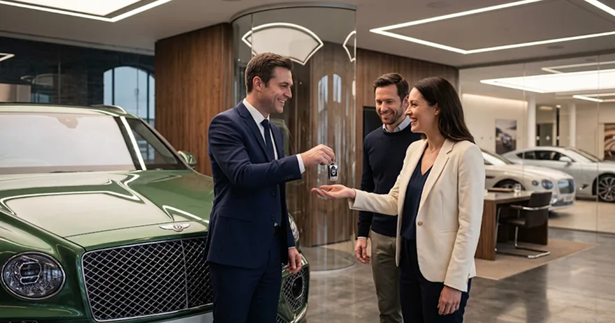 A salesperson handing keys to customers beside a green Bentley in the showroom
