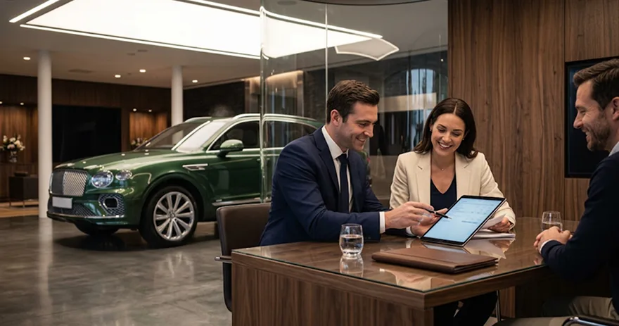 A salesperson going through paperwork with two customers at a table beside a green Bentley