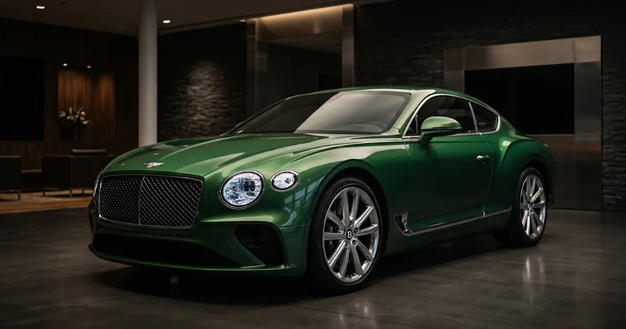 Green Bentley Continental GT lit from above inside a dark One Legacy Motors showroom