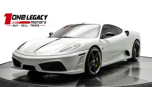 White 2009 Ferrari F430 Scuderia with a black racing stripe, photographed on the One Legacy Motors turntable