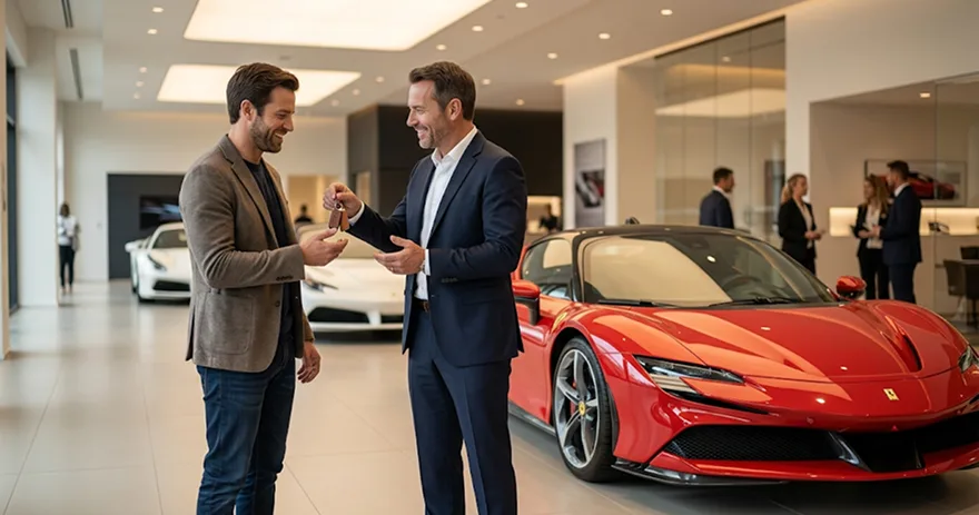 A salesperson handing keys to a smiling customer beside a red Ferrari SF90 in the showroom