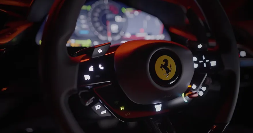 Ferrari SF90 digital instrument cluster glowing behind the steering wheel in a darkened cabin