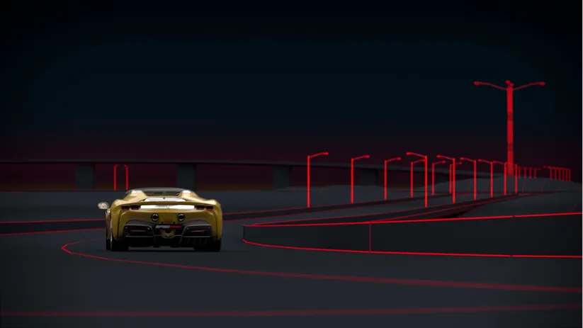 Yellow Ferrari SF90 seen from behind on a dark track with red light trails tracing its cornering line