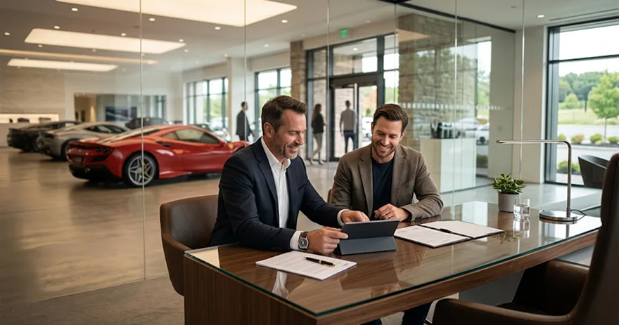 Two men reviewing financing paperwork at a table in a glass-walled dealership office with red Ferraris behind them
