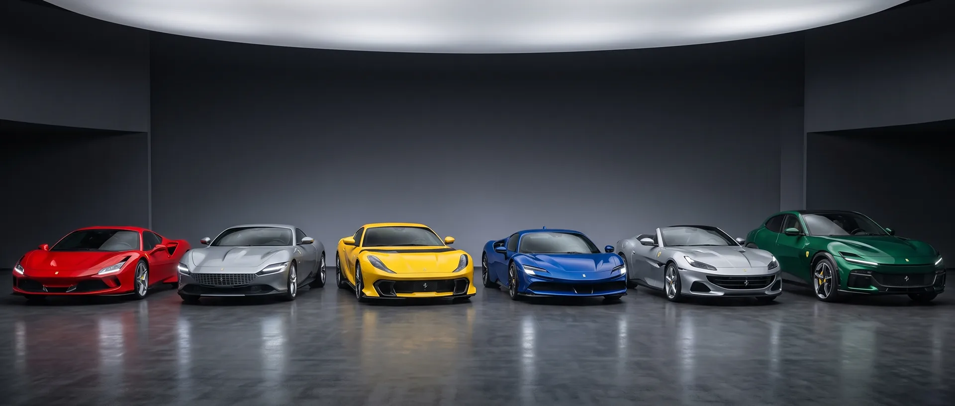 Six Ferraris in red, silver, yellow, blue, grey and green lined up in a curved dark showroom