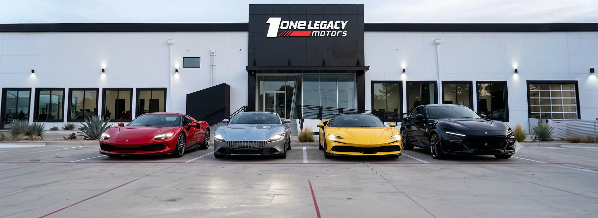 A red, a grey, a yellow and a black Ferrari parked side by side outside the One Legacy Motors showroom in Carrollton, Texas