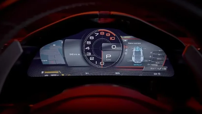 Ferrari Roma digital instrument panel showing the central rev counter and drive data