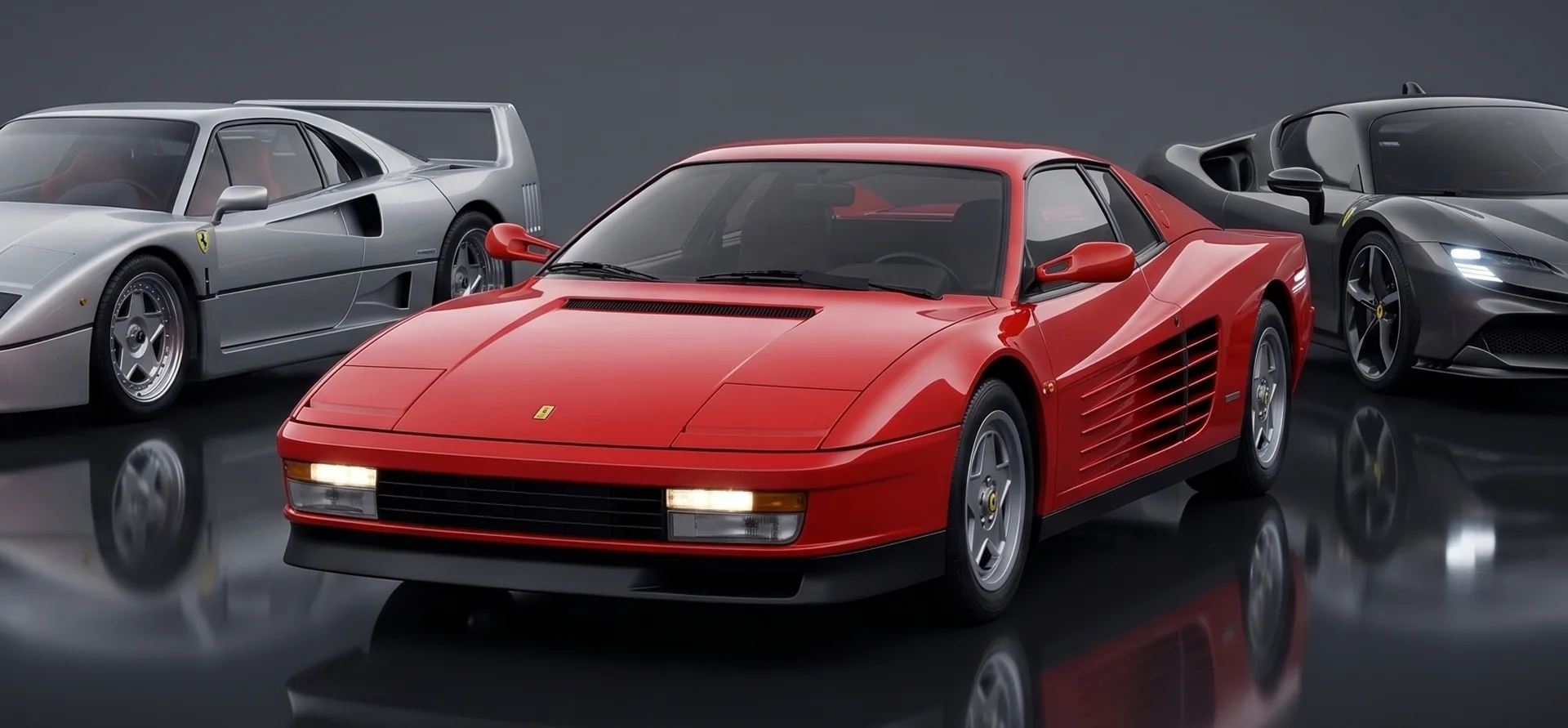 A row of classic and modern sports cars on a dark reflective studio floor