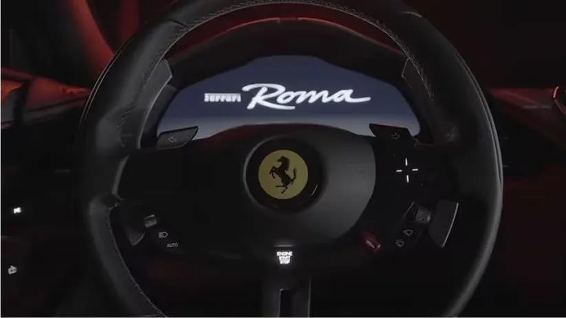 Ferrari Roma steering wheel with the Prancing Horse badge and integrated touch controls
