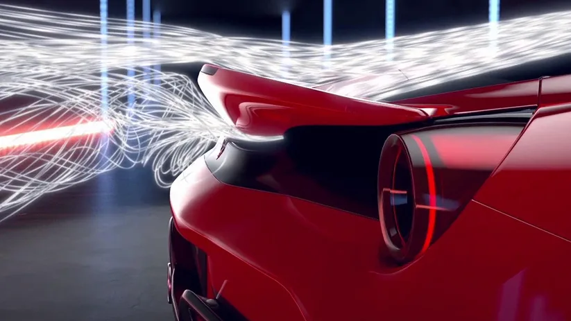 Wind-tunnel visualisation of airflow streaming over the rear deck and taillights of a red Ferrari