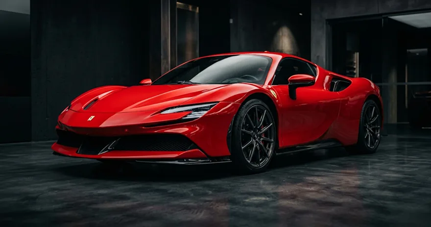 Red Ferrari SF90 supercar lit from above inside a dark One Legacy Motors showroom