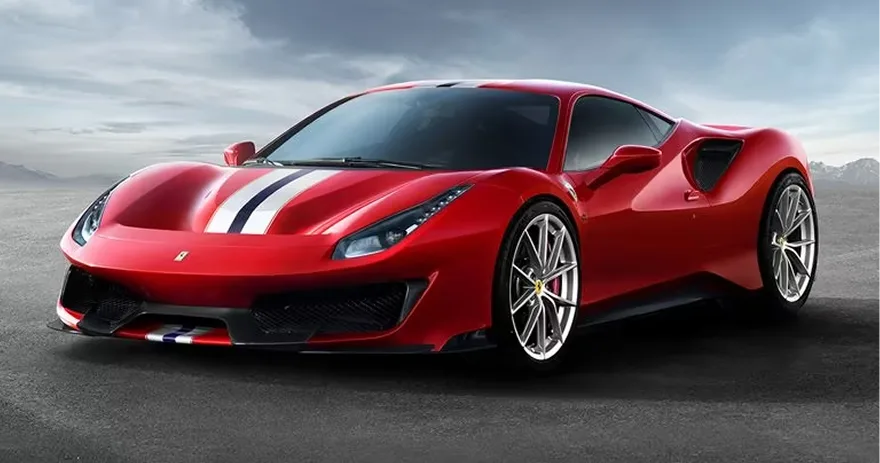 Red Ferrari 488 Pista with white and blue racing stripes on a desert road under a stormy sky