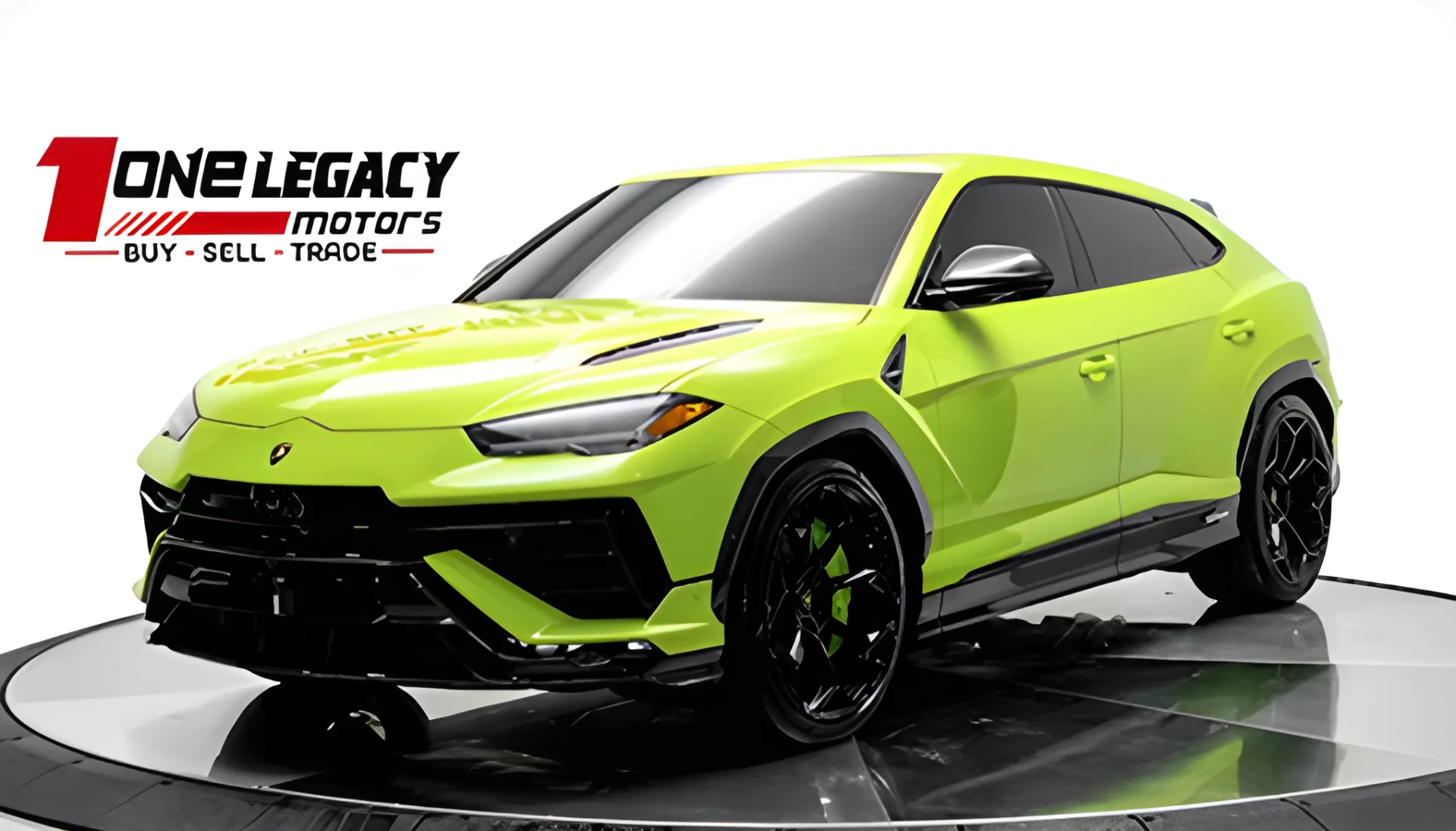 Lime green 2023 Lamborghini Urus Performante on the One Legacy Motors turntable