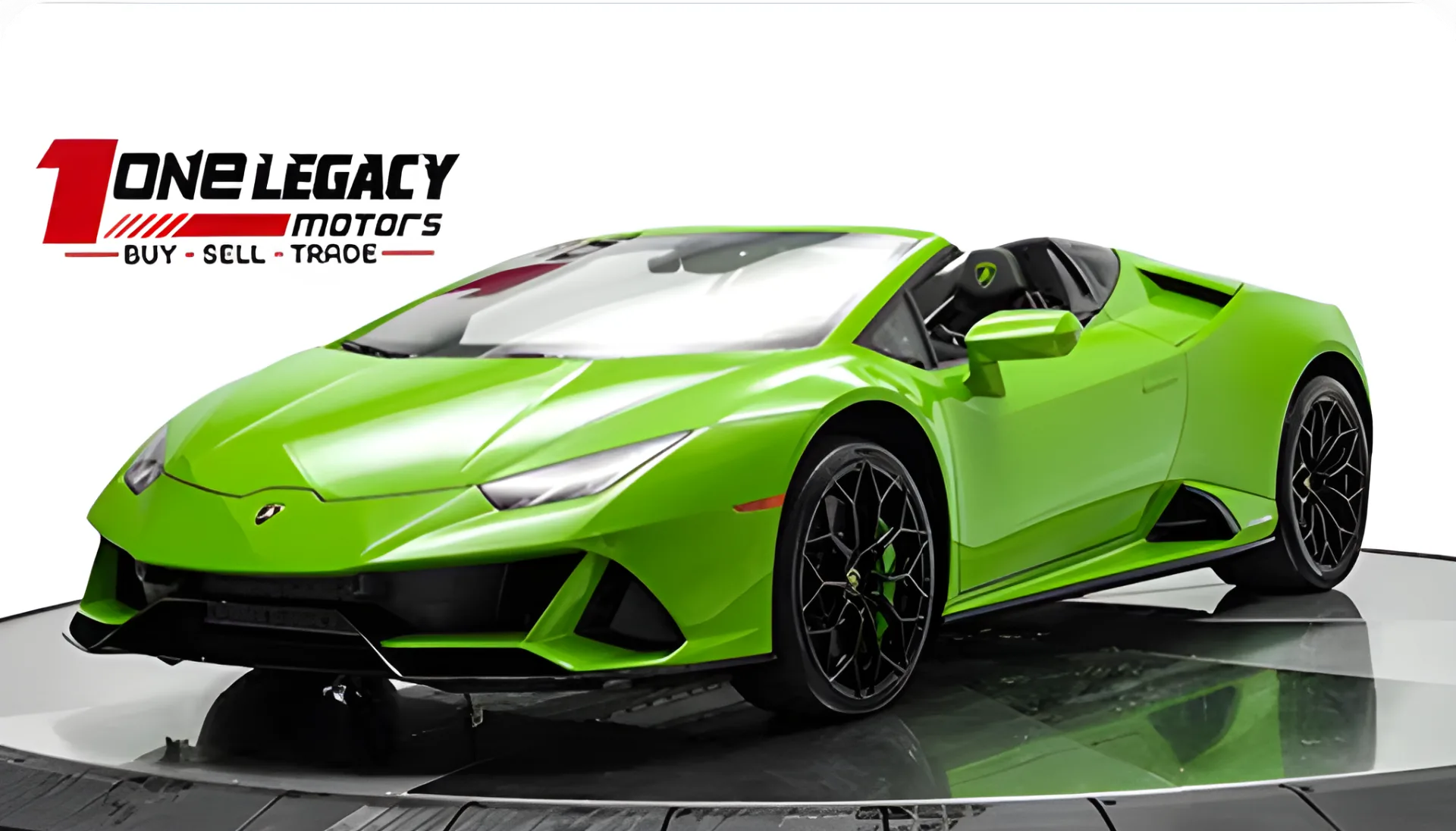 Green 2024 Lamborghini Huracan EVO Spyder on the One Legacy Motors turntable