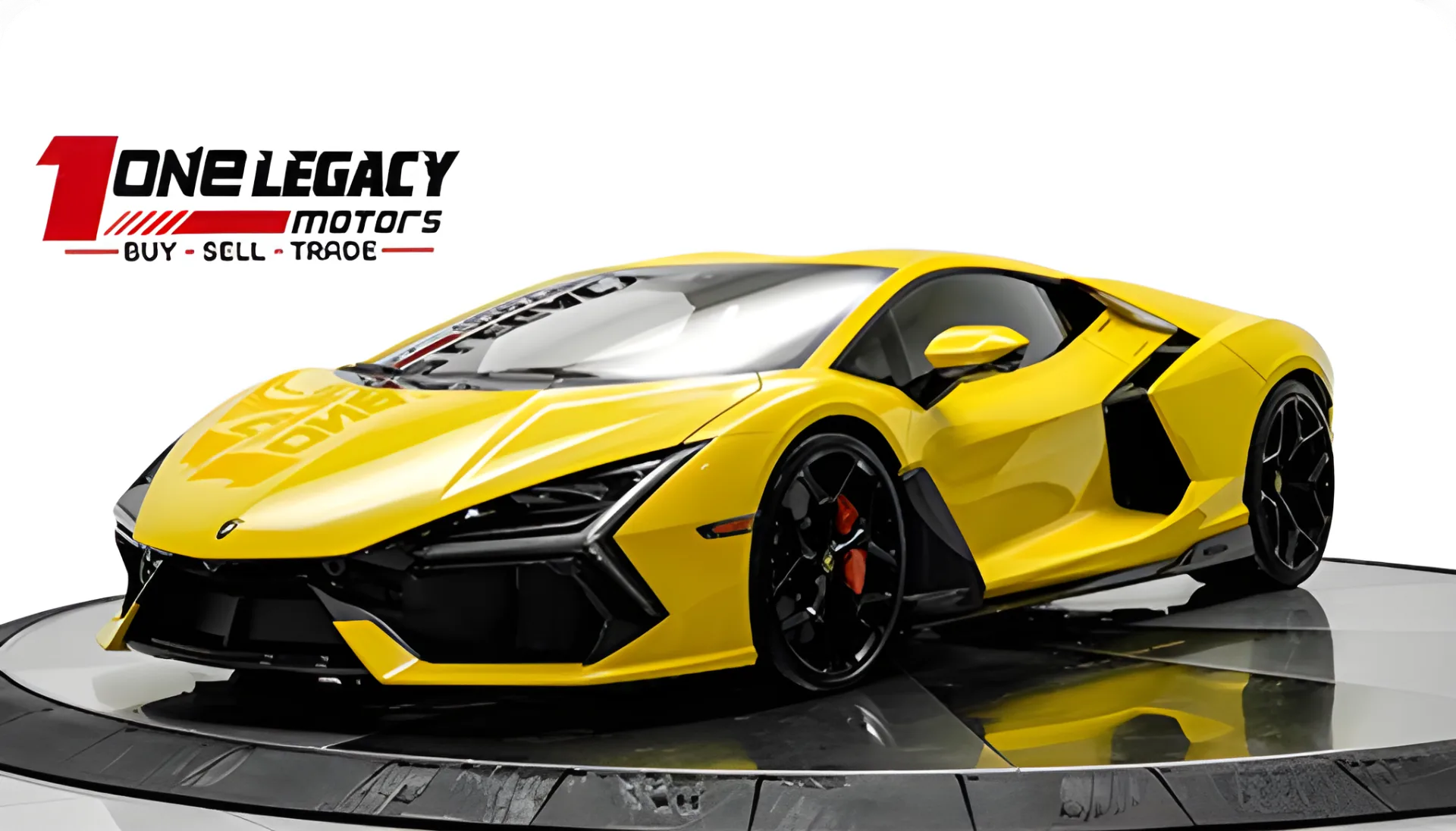 Yellow 2025 Lamborghini Revuelto photographed on the One Legacy Motors turntable
