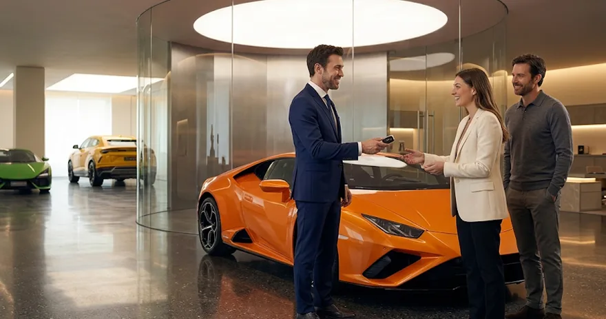 A salesperson shaking hands with a couple beside an orange Lamborghini in the showroom